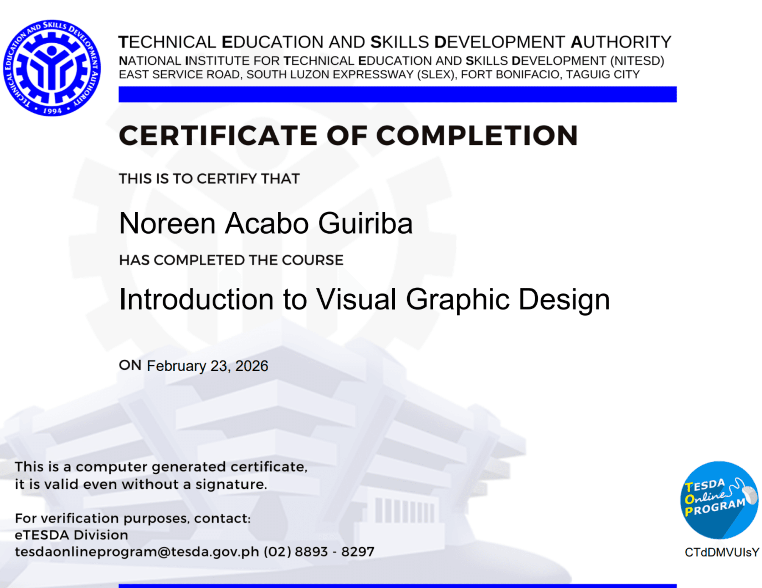 Introduction to Visual Graphic Design | TESDA Certificate