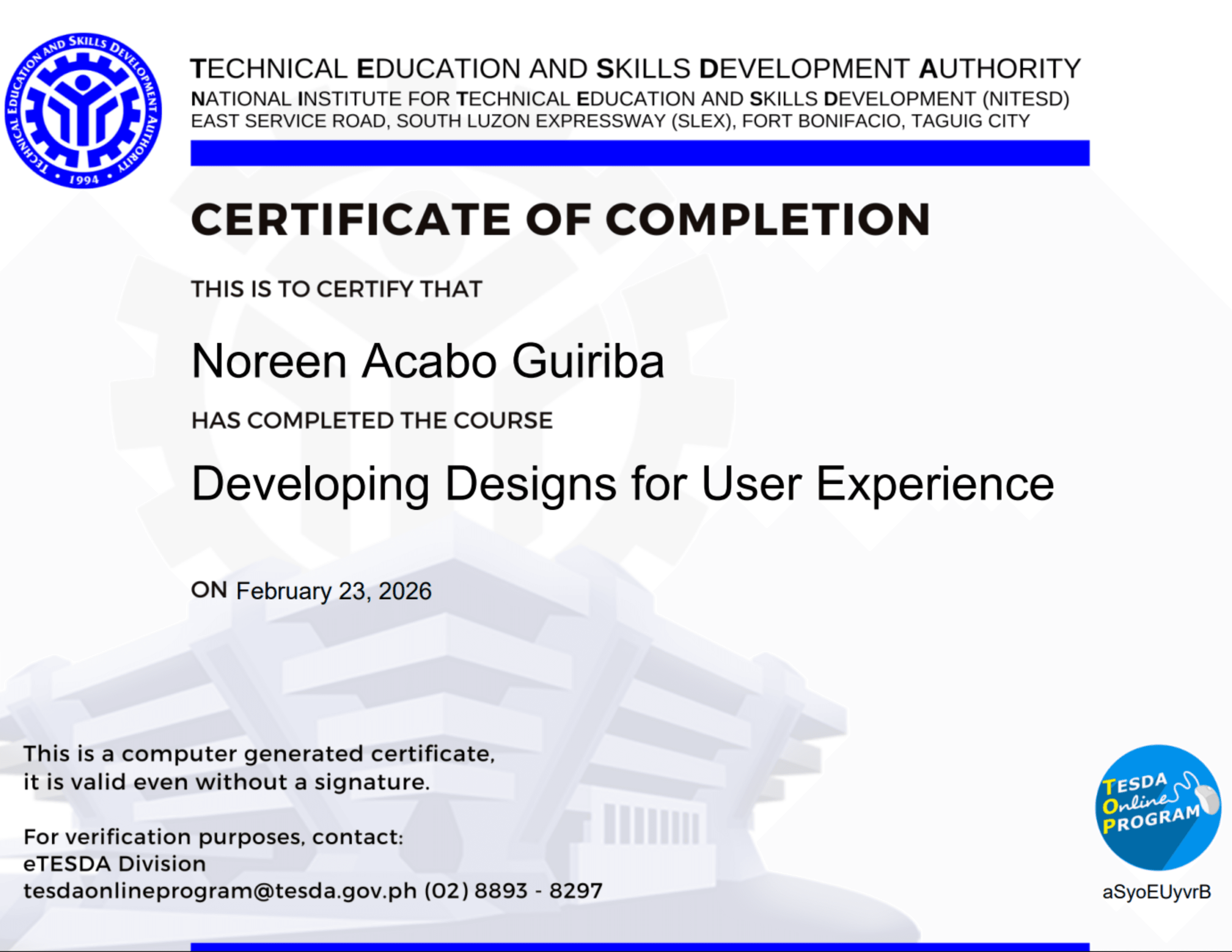 Developing Designs for User Experience | TESDA Certificate