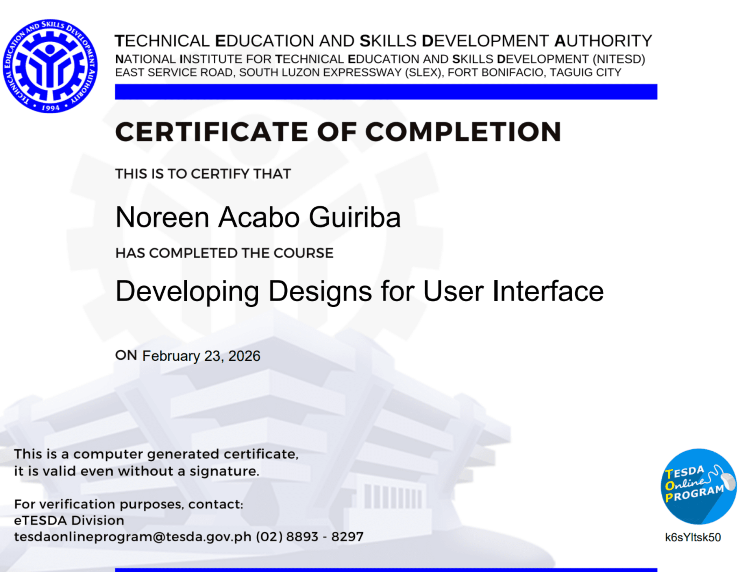 Developing Designs for User Interface | TESDA Certificate